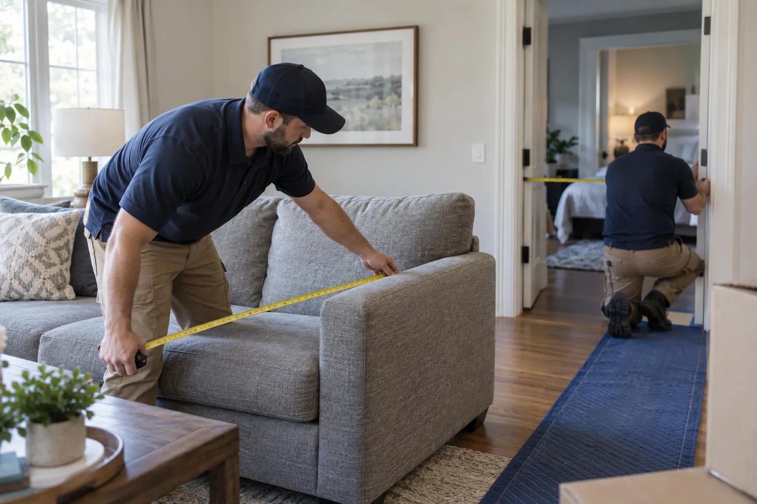 A worker measuring a couch before removal