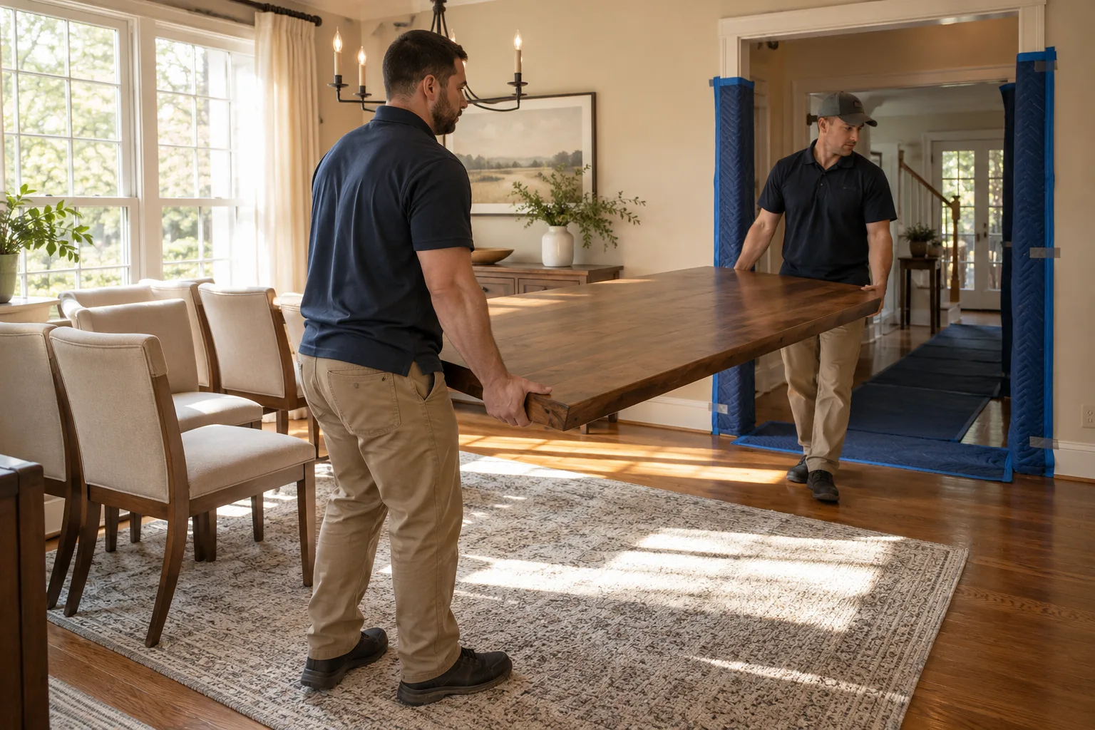 Two workers carrying a solid wood dining table through a protected room