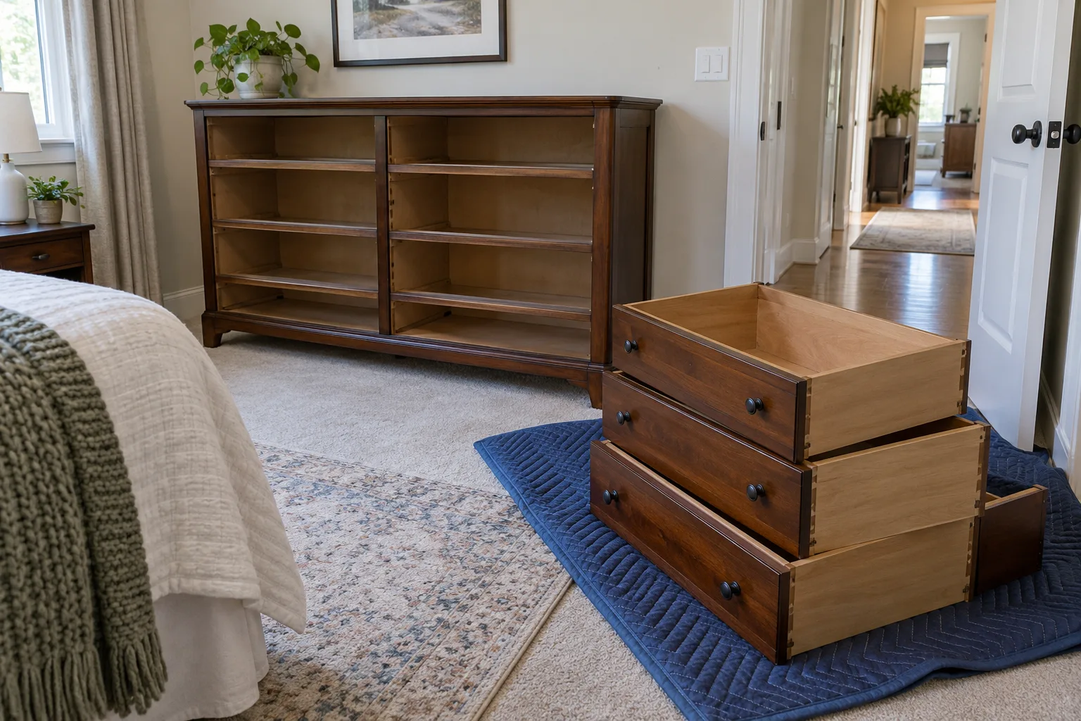 Empty dresser drawers stacked on a moving blanket