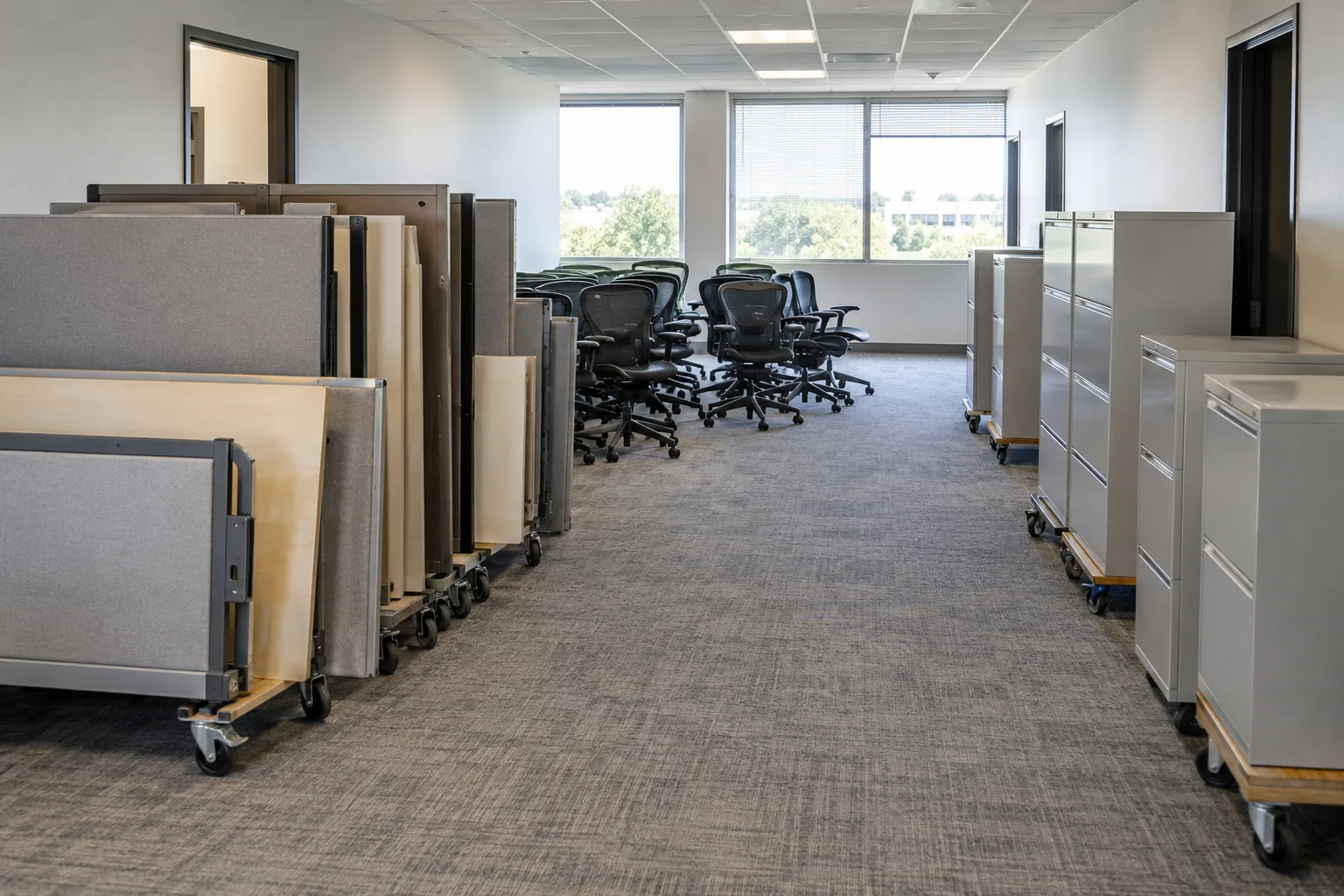 Office panels, chairs, and filing cabinets grouped for removal
